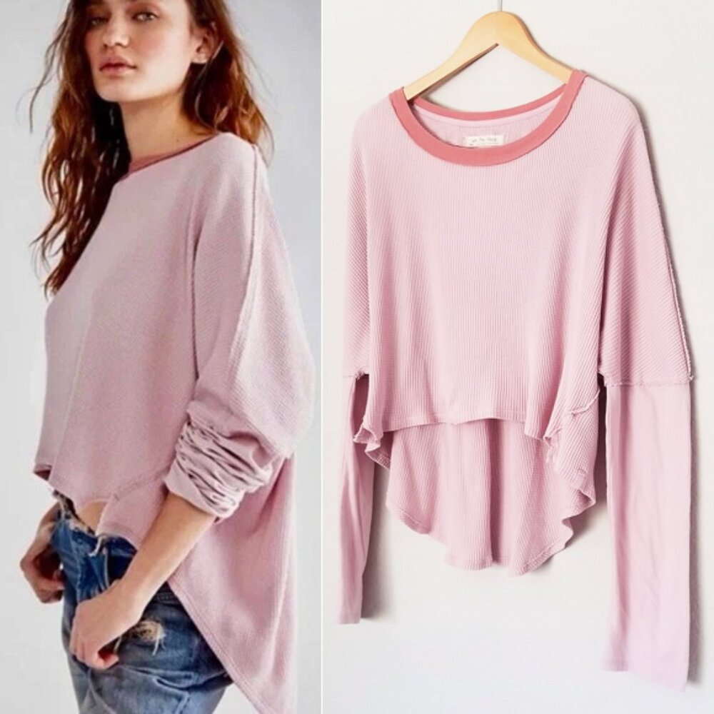 Free People Jayson Ringer Tee S Waffle Knit Thermal High Low Asymmetric Pink $68